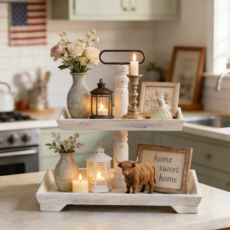 Hanobe Tiered Tray for Table Decor: Mid-Century 2 Tier Decorative Tray Stand for Coffee Bar - Large Farmhouse White Centerpiece Display Stands for Holiday - Wood for Kitchen Counter Decorations - Image 4